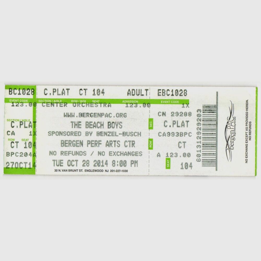 2014 Beach Boys Full Complete Concert Ticket Stub Englewood NJ